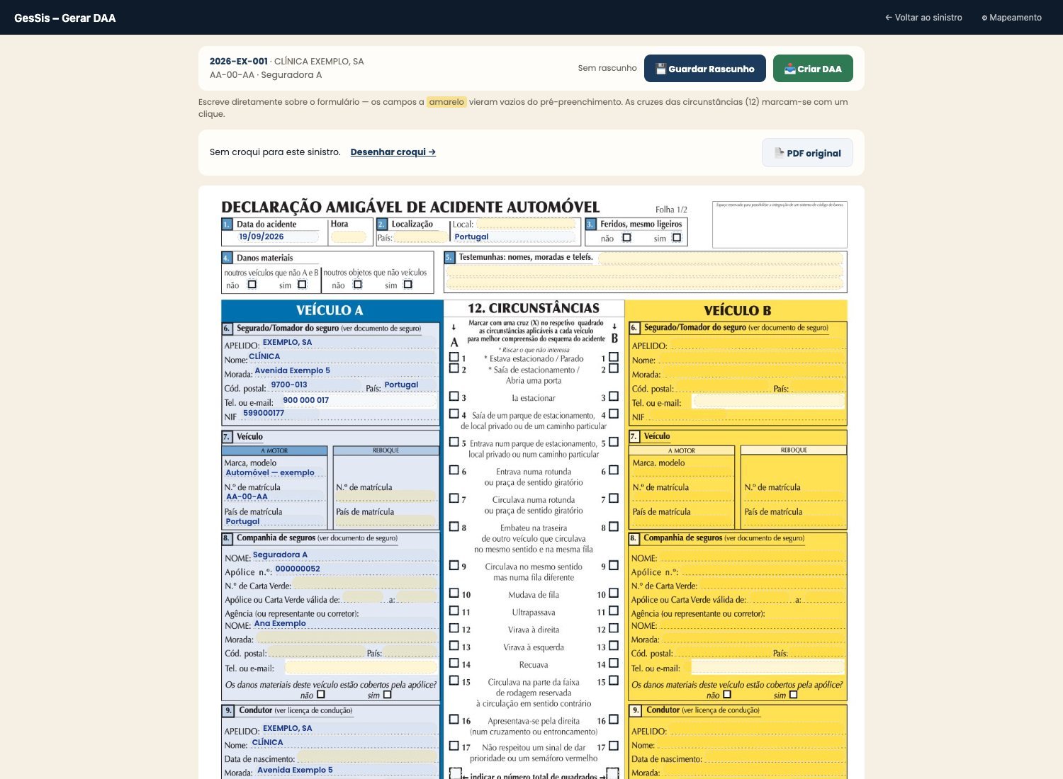 Declaração Amigável pré-preenchida: o Veículo A a azul com os dados do cliente